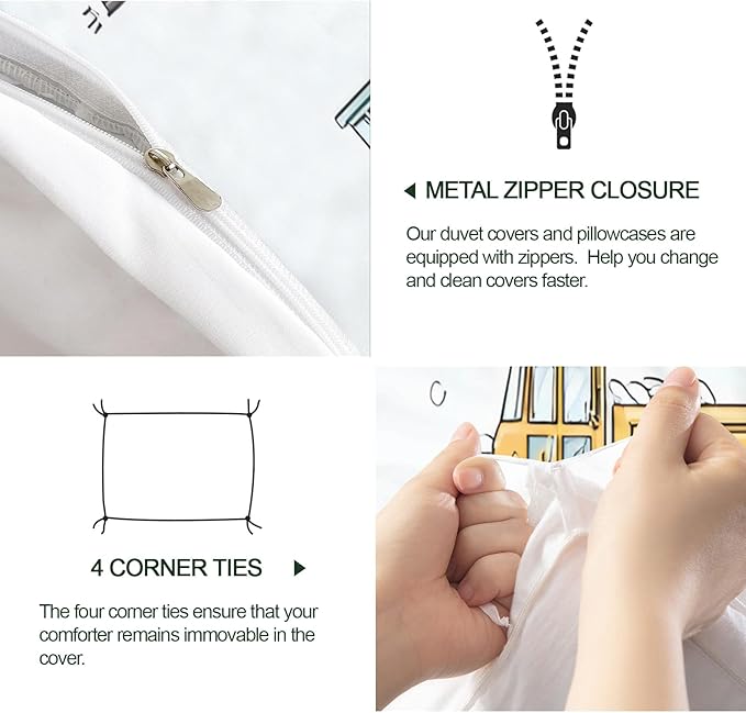 Excavator Bulldozer Duvet Cover Queen Size Cartoon Construction Vehicles Bedding Set Children's Cartoon Car Comforter Set Colorful Engineering Quilt Cover with Pillowcases for Bedroom