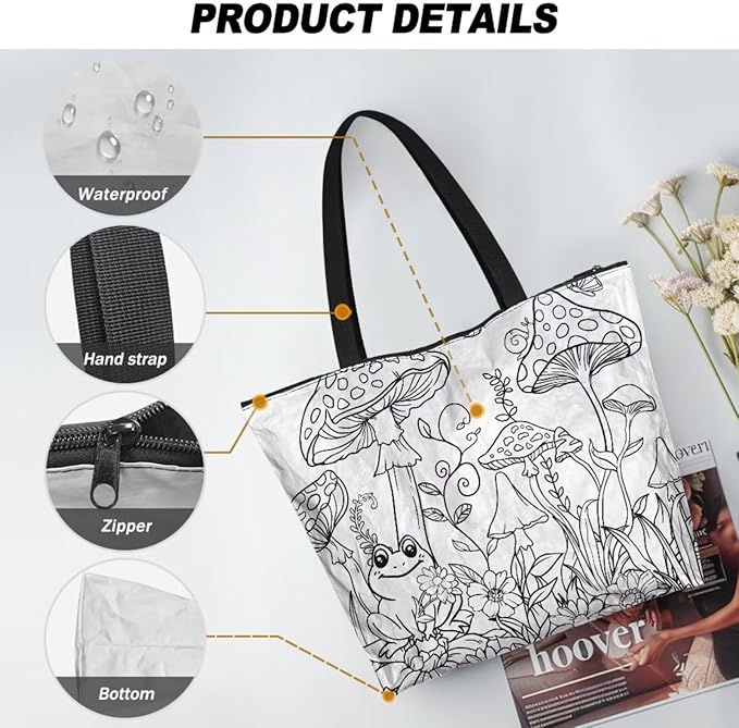 Cartoon Animal Printed DIY Coloring Tote Bag Waterproof Paper Handbags for Women Large Travel Shoulder Bags Purses