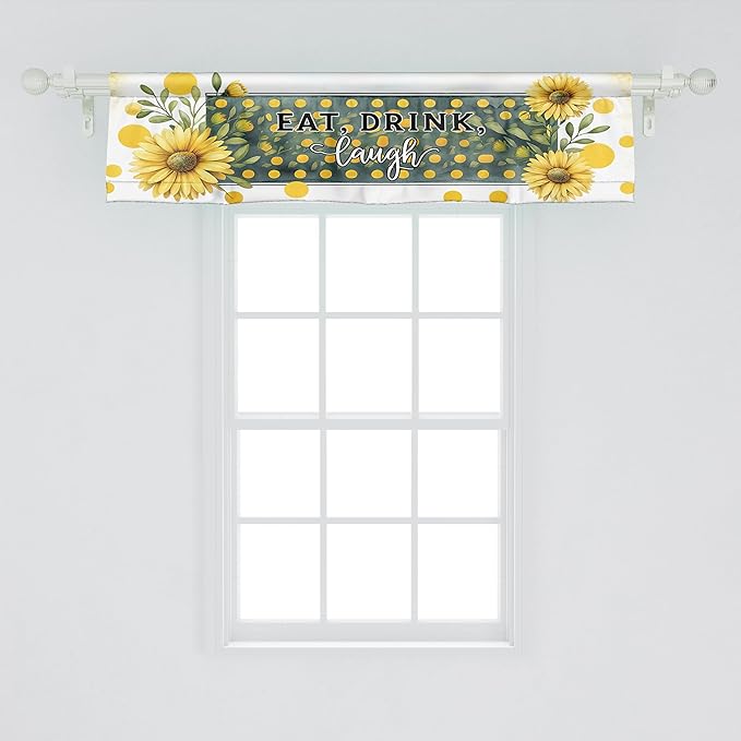 Ambesonne Eat Drink Laugh Window Valance Pack of 2, Farmhouse Art Sunflower with Orangish Dots and Leaves Greenery, Rod Pocket Curtain Valances Kitchen Bedroom, 54" X 12",Mustard and Hunter Green