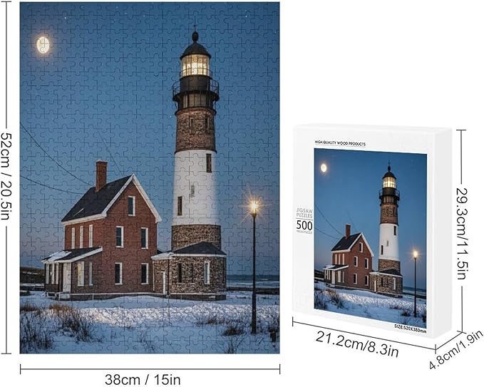 Puzzles for Adults 500 Pieces Wooden Jigsaw Puzzle - Lighthouse Near Building Winter Theme Puzzle，Party Games，Family Toys，Educational Puzzles，Stress Relief Wooden Puzzle，Gifts for Family and Friends