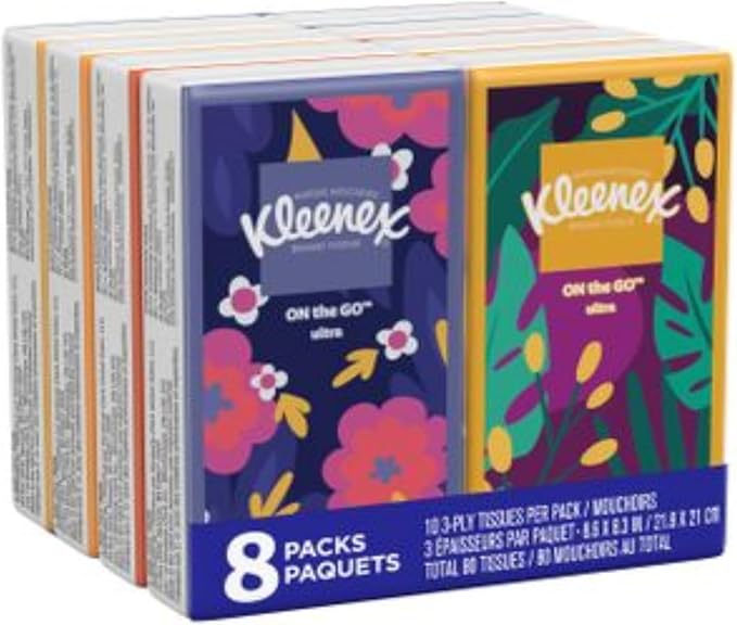 Kleenex On-The-Go Facial Tissues, 8 On-The-Go Packs, 10 Tissues per Box, 3-Ply (80 Total), Packaging May Vary (Pack of 96)