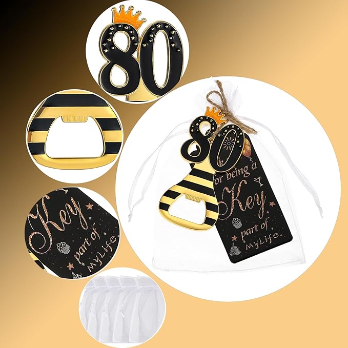 24pcs 80th Gold Keychain Bottle Opener 80th Birthday Party Favors, 80 Keychain Beer Bottle Opener Favors Anniversary Souvenirs Return Gifts for Guests Party Decor Supplies (black 80)