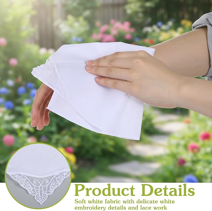 6Pcs Handkerchiefs for Women, White Cotton Square Handkerchief for Women, Soft Lace-Trimmed Hankies with Elegant Embroidery, Ladies Handkerchiefs for Afternoon Tea, Weddings & Daily Elegance(11 inch)