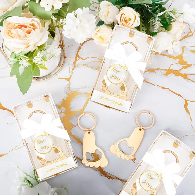 50Pcs Baby Footprint Keychain Small Foot Bottle Opener Key chain Baby Shower Footprint Keychains Foot Bottle Opener Souvenir for Guests Baby Shower Return Gifts for Party Favors with White Boxes