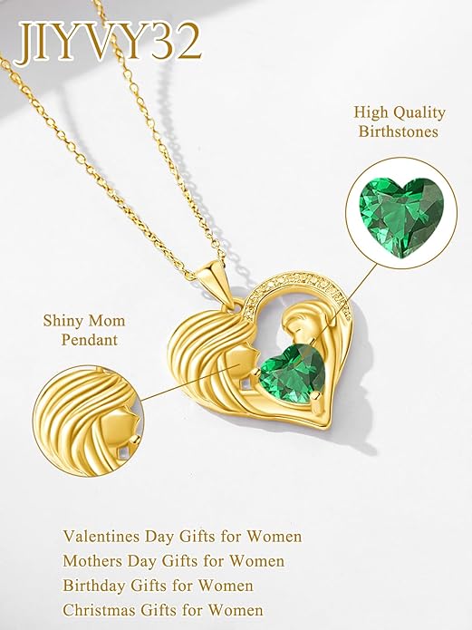 Mother and Daughter/Son Love Heart Necklace White Gold/14K Gold/Rose Gold Birthstone Jewelry Christmas Mothers Day Birthday Gifts For Mom Wife Grandma Women
