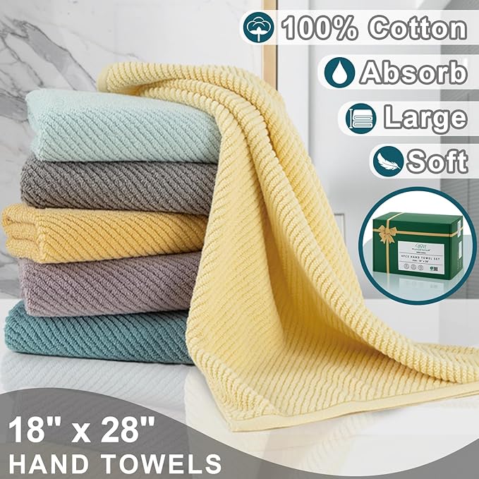 VOOVA & MOVAS Bathroom Hand Towels - 4PC Large 18" x 28", 100% Cotton | Lightweight | Thick | Quick Dry | Soft | Absorbent, Hand Towels for Showering, Bathroom Essentials, Deep Turquoise