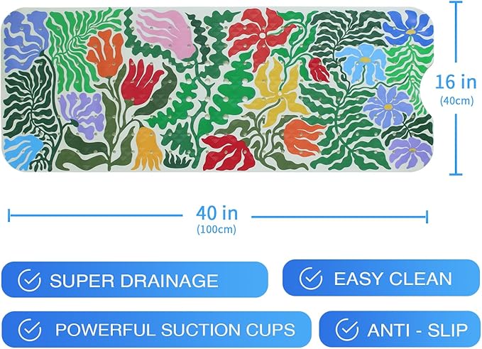 Plant Bathtub Mat Non Slip for Kids 40x16in Extra Long Floral Anti Slip Bath Mat for Tub Abstract Botanical Rustic Shower Mat with Large Drain Holes Suction Cups Flowers Leaves Design Bathroom Decor