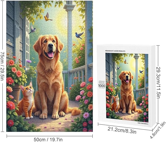 Wooden Puzzle - Garden Golden Retriever Jigsaw Puzzles，Wooden Puzzles for Adults 1000 Pieces Challenge Puzzles，Educational Games，Family Puzzles，Unique Gifts for Wall Art