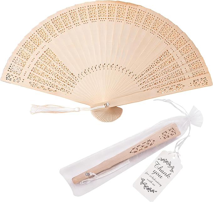 50 Pcs Wedding Fans Engraved Wooden Folding Hand Fans with Organza Bags, Wedding Party Favors for Guests, Bridal Shower & Summer Outdoor Ceremony (Style1,50)