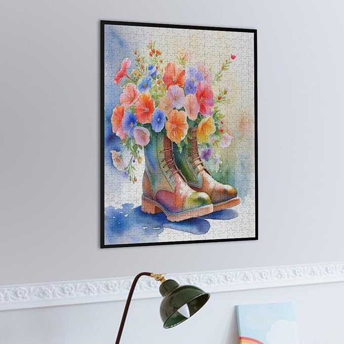 Boot Flowers Wooden Puzzle 500 Pieces Jigsaw Puzzles for Adults Puzzle Educational Toys Challenging Fun Games Gifts for Elders Kids Family and Friends