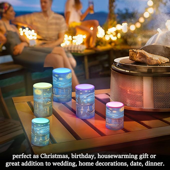 ALAZA Starry Night Over The Rhone Flickering Flameless Candles Battery Operated with Remote Timer,Tea Light Candles LED Pillar Votive Candles Set of 2 for Outdoor Indoor Decorations