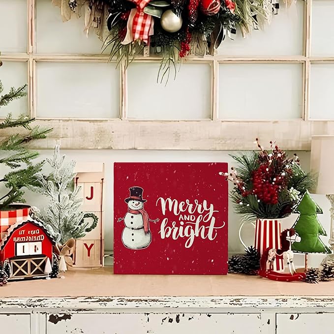 Mtrgdn Christmas Snowman Decor, Merry Christmas Decorations Indoor, Christmas Decor for Table Wood Box Sign,winter Decor for Home Table ,Red Farmhouse Winter Wooden Decorations Merry and Bright