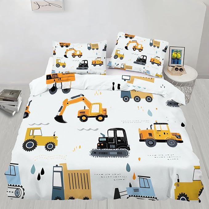 Cartoon Construction Vehicles Duvet Cover Oversized King Excavator Bulldozer Bedding Set Children's Cartoon Cars Comforter Set Colorful Engineering Quilt Cover with Zipper Ties for Bedroom