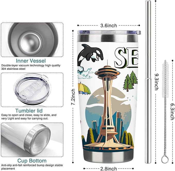 City Tumbler for City Lover,20oz Double Wall Vacuum Insulated Stainless Steel Coffee Cups (Seattle)