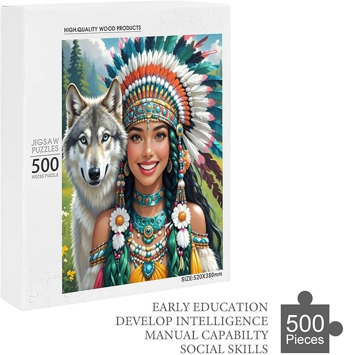 Wooden Puzzle - Indian Beauty & Wolf，Native American Jigsaw Puzzles，Wooden Puzzles for Adults 500 Pieces Unique Gifts for Wall Art，Challenge Puzzles，Educational Games，Family Puzzles