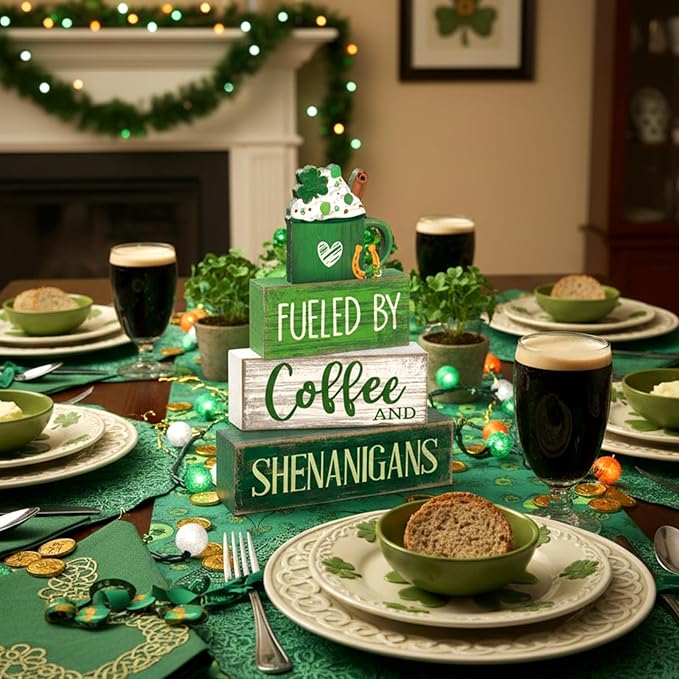 4 Pcs Wooden St. Patrick's Day Decorations Shamrock Hot Cocoa Table Centerpieces Irish Decorative Block Signs Gift Happy St. Patrick's Stacks Wooden Table Decor for Home Tiered Tray
