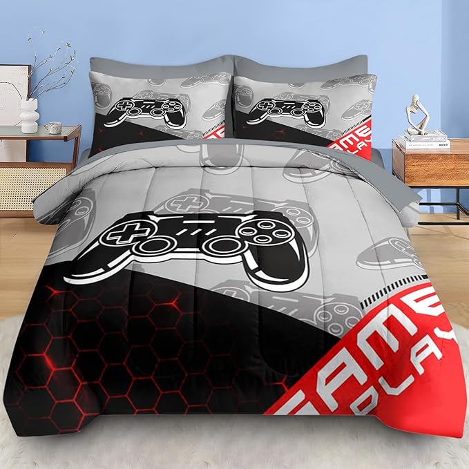 Comforter Set Full Size, Boys Play Game Gamepad 7 Pcs Bedding for Kids and Adults, Video Gaming Sport Bed Sheet Sets with Fitted Sheet 2 Pillowcases & 2 Shams for Bedroom Bed Decor