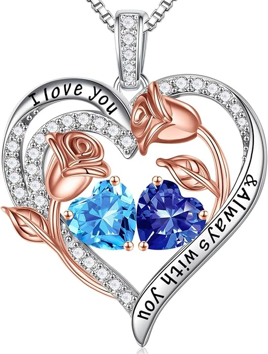 Iefil Valentines Day Gifts for Her - 925 Sterling Silver Rose Heart Birthstone Necklace Birthday Anniversary Jewelry Gifts for Her Wife Mom Daughter