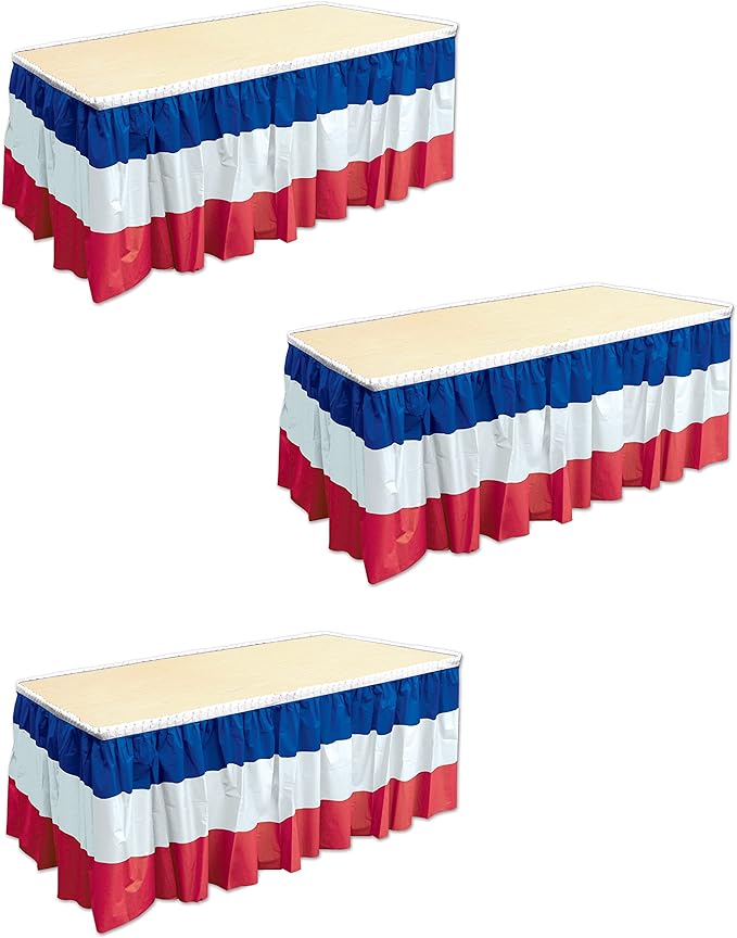 Beistle 3-Pack Plastic Patriotic Table Skirts, Red, White, & Blue, Fourth of July & Memorial Day Party Supplies, France Themed Party Decor, 29" x 14'