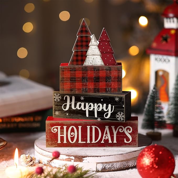 4 Pcs Christmas Table Decor Wooden Tree Decoration Christmas Centerpiece Winter Tiered Tray Decor Decorative Red and Black Buffalo Plaid Block Signs Gift Farmhouse Xmas Decoration for Kitchen