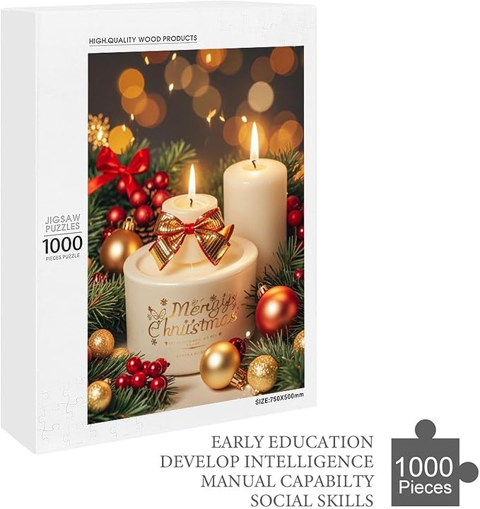Jigsaw Puzzles for Adults 1000 Piece - Christmas Atmosphere Candle Light，Merry Christmas Themed Wooden Puzzles，Puzzle Games Challenge Puzzles，Educational Games，Family Puzzles