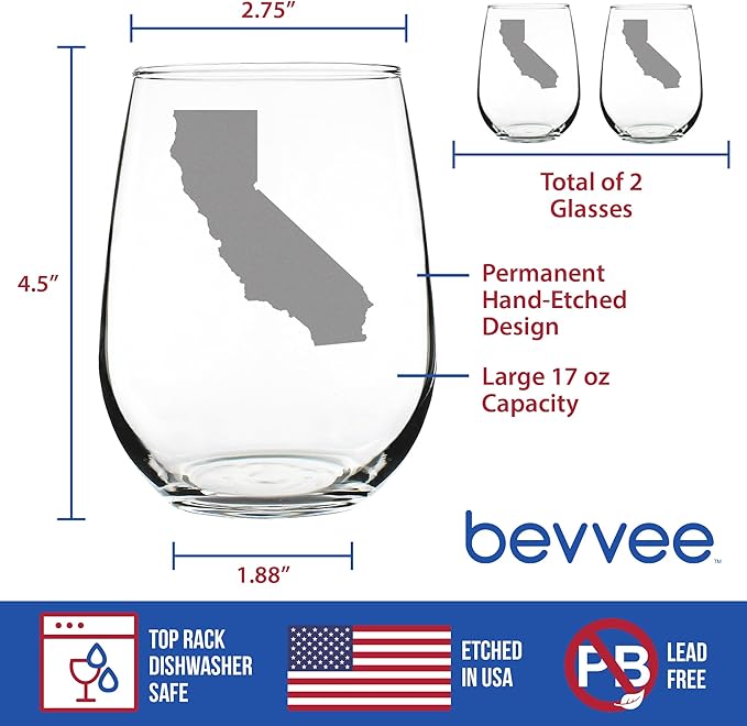 Bevvee California State Outline - Stemless Wine Glasses - Set of 2 - State Themed Drinking Decor and Gifts for Californians - Large 17 Ounce