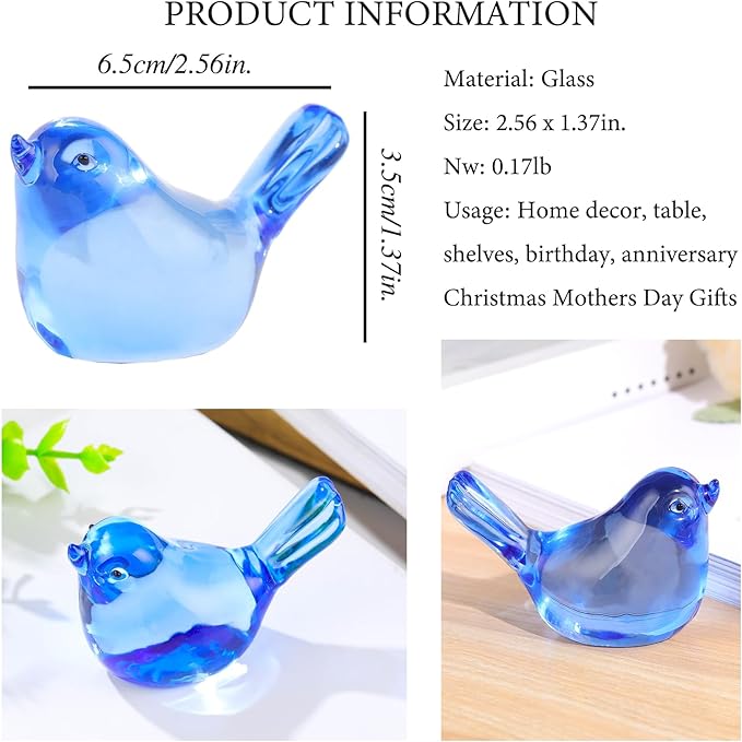 Crystal Blue Birds Figurines, Glass Bird Figurines Paperweights Birthday Christmas Crystal Birds Gifts for Bird Lover Women Mom, Bluebird of Happiness Glass Figurine (Blue)