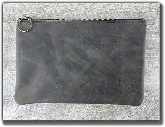 Leather Pouch with Zipper (Aged Steel, 10.5" x 7")