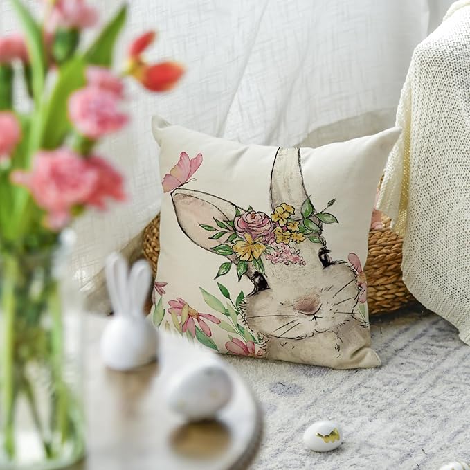 AVOIN colorlife Easter Floral Garland Bunny Throw Pillow Cover, 18 x 18 Inch Spring Rabbit Holiday Cushion Case Decoration for Sofa Couch