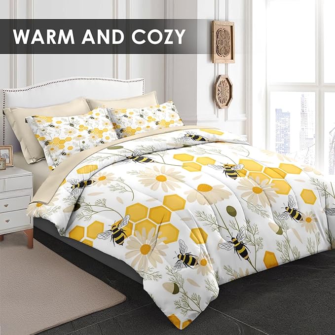 Comforter Set Twin Size, Bees Honey Flower 5 Pcs Bedding for Kids and Adults, Spring Floral Summer Bed Sheet Sets with Fitted Sheet Pillowcase & Sham for Bedroom Bed Decor