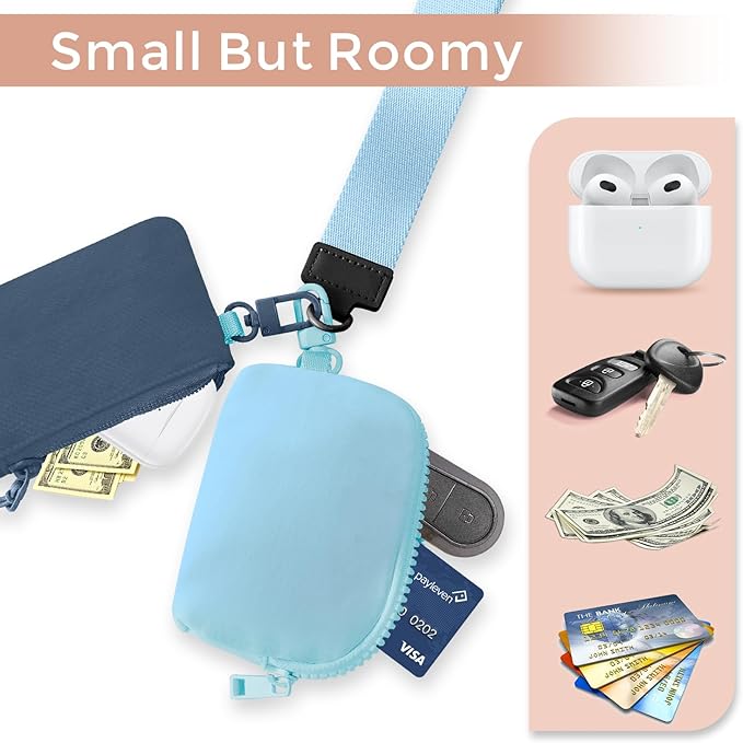 Dual Pouch Wristlet Keychain Wallets for Women with 2 Detachable Zipper Coin Purse - Small and Portable Mini Card Wallet for Women Men Navy+Sky Blue