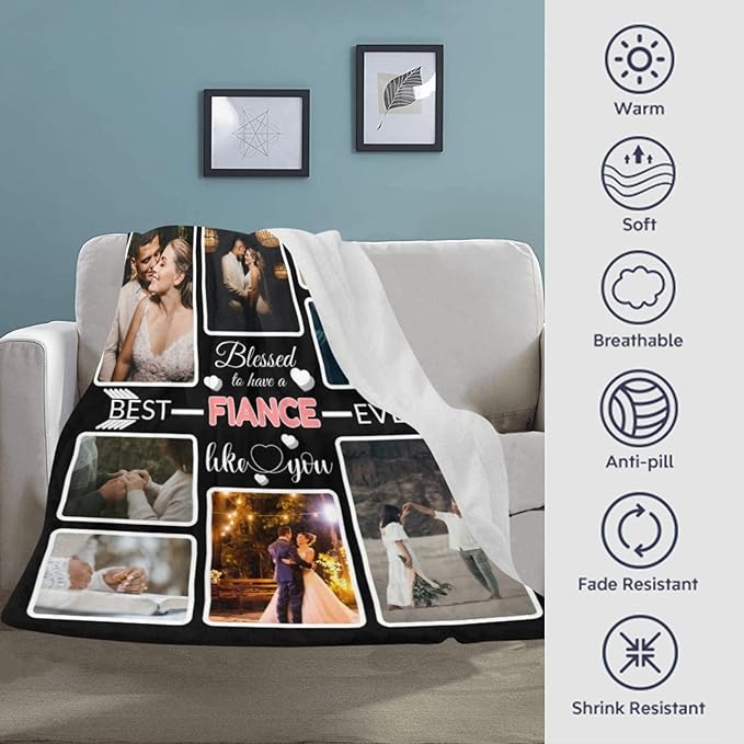 Custom Blanket Gifts for Fiance, Customized Blankets with Photos, Make a Personalized Bed Throws to My Fiance, Custom Souvenir Throw Blanket for Best Fiance Ever, 8 Collages Made in USA