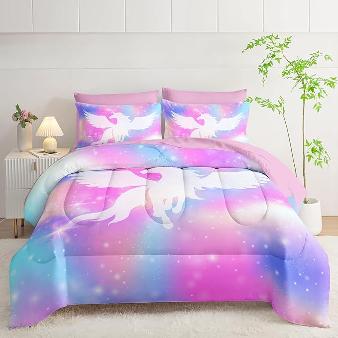 Galaxy Unicorn Bedding Set Queen - Unicorn Comforter Set (7 Piece) - Pegasus Galaxy Kids Bedding, Pink Purple Blue Girls Quilt Set, All Season Microfiber Bed Set with Shams, Flat/Fitted Sheet