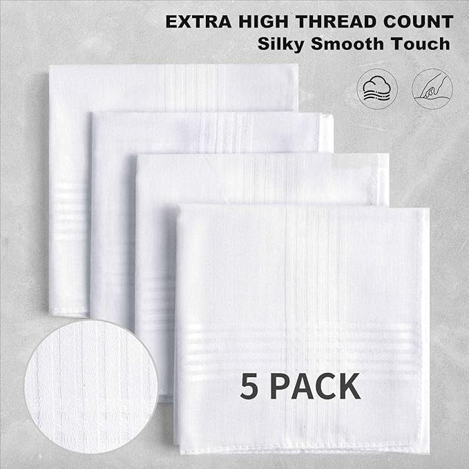 5 Pack Handkerchiefs for men, 100% Soft Cotton 16x16 Inch Men's Handkerchiefs, White Classic Pocket Hankies