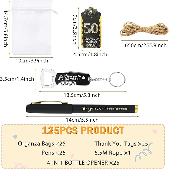25sets 50th Birthday Party Favors for Guests Including Pens Bottle Opener Keychains Bulk Thank You Cards with Organza Gift Bags for Birthday Anniversary Souvenirs, Cheers to 50 Years