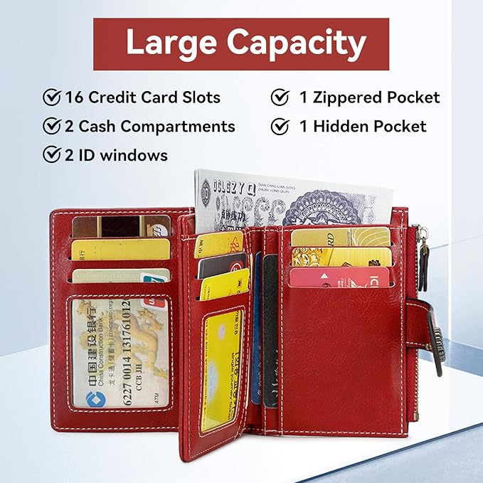 Women's Small Genuine Leather Bifold Wallet Large Capacity RFID Blocking with 16 Card Slots 2 ID Windows and Zipper Coin Pocket Pink (Red)