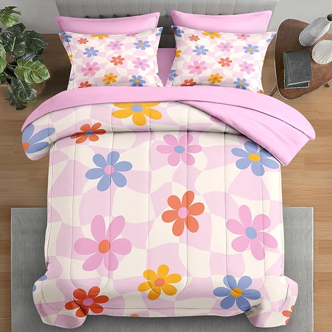 Comforter Set King Size, Retro Daisy Pink 7 Pcs Bedding for Kids and Adults, Hippie Aesthetic Kids Bed Sheet Sets with Fitted Sheet 2 Pillowcases & 2 Shams for Bedroom Bed Decor