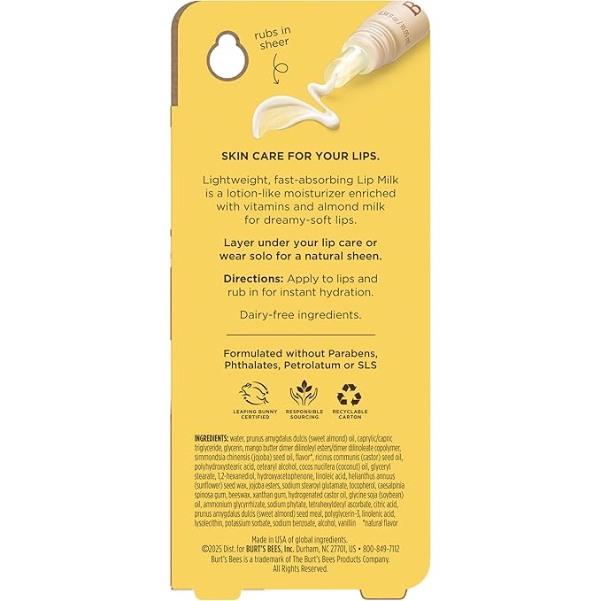 Burt’s Bees Stocking Stuffers, Lip Milk, Daily Lip Moisturizer, Toasted Coconut, Vitamin Enriched Moisturizing Lip Balm with Almond Milk and Jojoba Oil, Hydrating for Softer Lips, 1 Tube, 0.34 Fl Oz