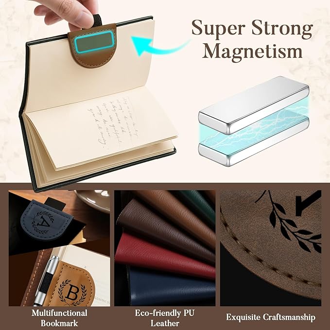 Personalized Bygone Mark Bookmark with Pen Holder,Engraving Leather Magnetic Bookmarks Vintage 26 Letters Name Initials Text Book Marker Clips Gifts for Reading Book Lovers Women (Coffee, W)