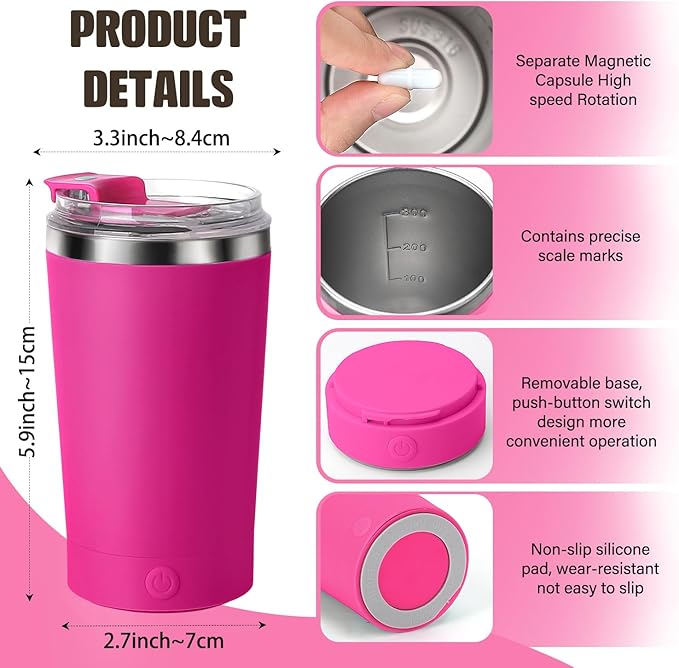 hatisan Self Stirring Coffee Mug With Lid Electric High Speed Self Stirring Mug 400ml Rechargeable Detachable Stainless Steel Self Stirring Cup for Coffee, Milk, Cocoa Christmas Gift(Rose red)