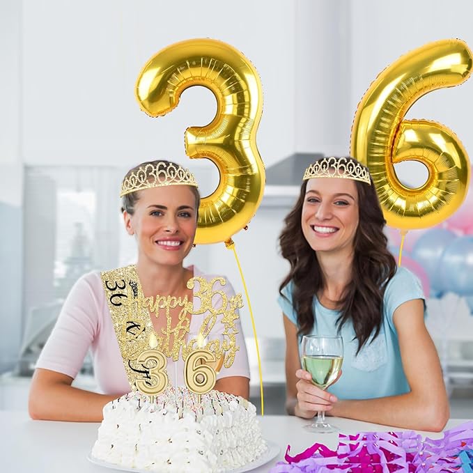36th Birthday Decorations for Women Gold with 36th Birthday Sash and Tiara, Cake Topper and Candles, Number Balloons, 36 Year Old Gifts for Women
