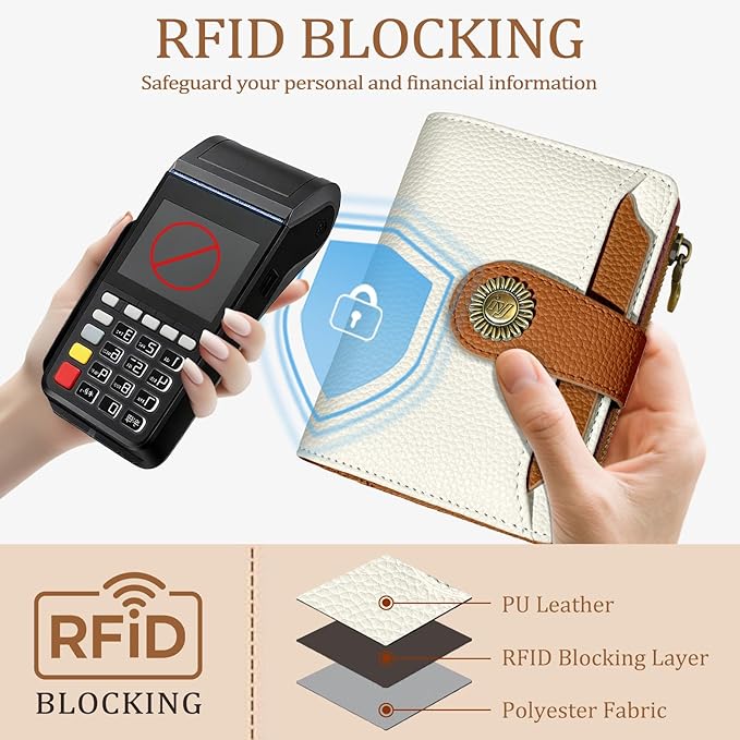 Beige Small Wallet Women RFID Blocking Bifold, Credit Card Holder, Zipper Coin Pocket, PU Leather, Compact, Travel, 4 ID Window, 14 Card Slots, Cash Purse, Ladies Woman Female Girls