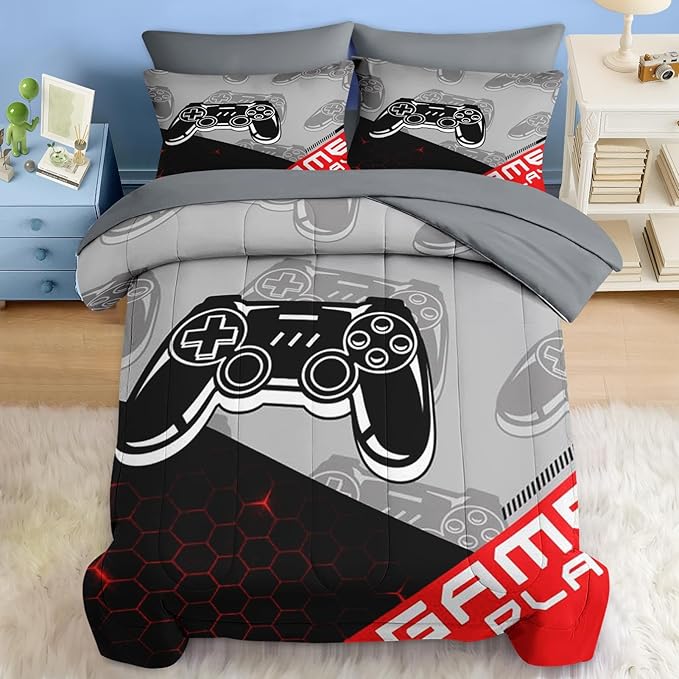 Comforter Set Full Size, Boys Play Game Gamepad 7 Pcs Bedding for Kids and Adults, Video Gaming Sport Bed Sheet Sets with Fitted Sheet 2 Pillowcases & 2 Shams for Bedroom Bed Decor