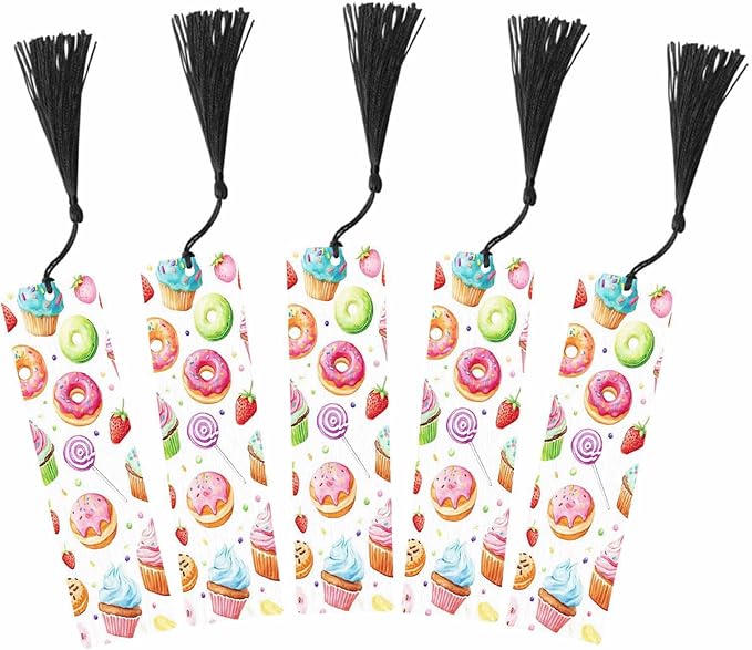 Donuts Bookmarks 5 Pcs Cupcakes Lollipop Strawberry Blueberry Wooden Bookmark with Tassels for Reading Book Lovers Gift Office School Readers Teacher