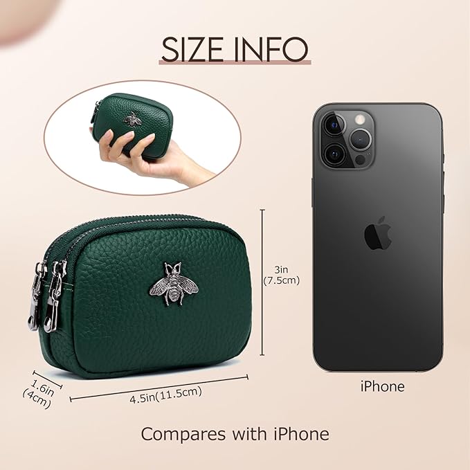 imeetu Women Leather Coin Purse, Small 2 Zippered Change Pouch Wallet