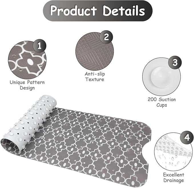 Bathtub Mat Non Slip, Grey Extra Long Bath tub Mat Shower Floor Mat with Suction Cups and Drain Holes for Adults Kids Elderly 40 X 16 Inch