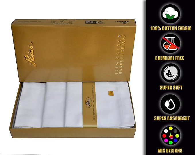 Caruso Italy Paras Men's 100% Pure Combed Cotton White Malmal Handkerchief (Pack of 12)
