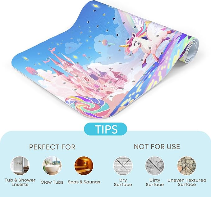 SHUCHING Baby Bath Mat for Tub Non Slip-40 X 16 Inch, Extra Long Kids Bathtub Mat Non Slip, Girl Shower Mat Anti Slip for Bathroom, Machine Washable,Rainbow Unicorn