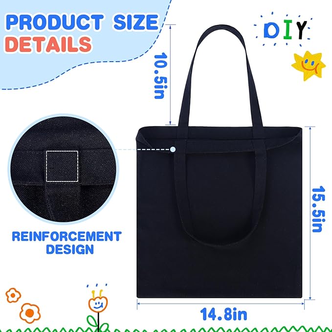 FF Sgdfc 18 Pcs Canvas Tote Bags, Natural Color Tote Bags 15 x 16 inch Sustainable Eco Friendly reusable, for Grocery Bags, DIY Gift Bags, Shopping Bags (Black)