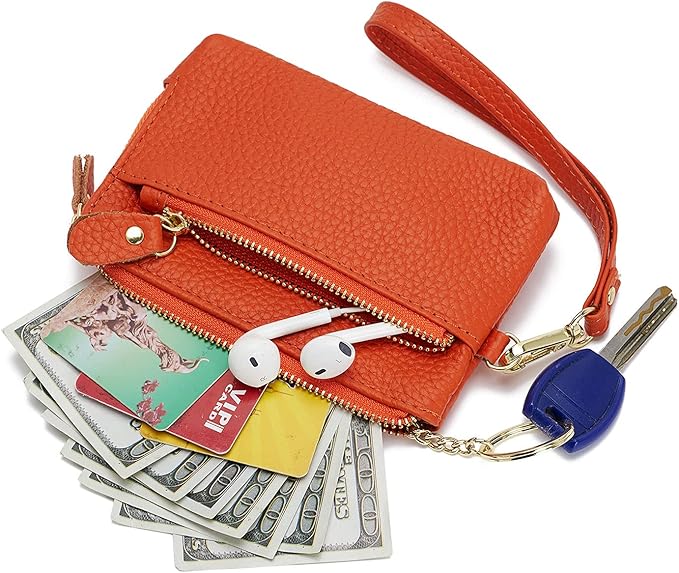 Genuine Leather Coin Purse for Women with Large Opening & Wrist Strap Navy (Orange)